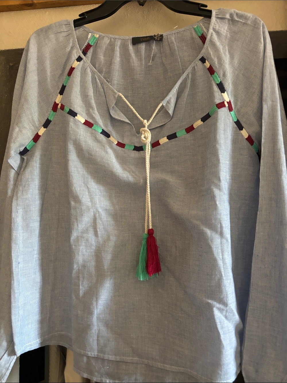 THML Light Blue Tassel Peasant Top with Multicolor Trim